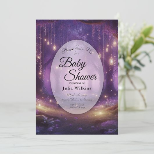 Violet at Midnight Enchanted Forest Baby Shower 招待状 (スタンド正面)