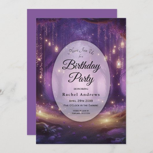 Violet at Midnight Enchanted Forest Birthday Party 招待状 (正面/裏面)