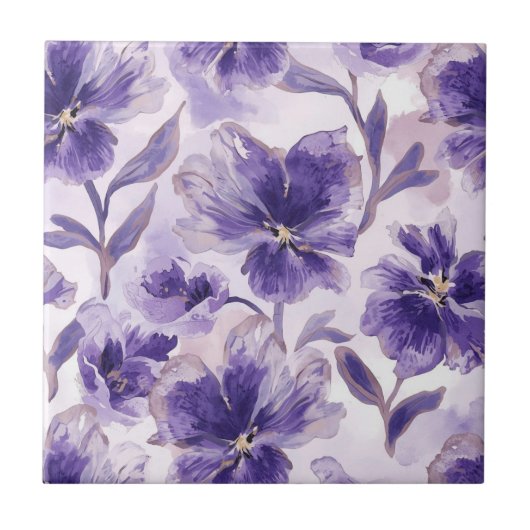 Violet Blooms Watercolor Purple Flowers Painted タイル (正面)
