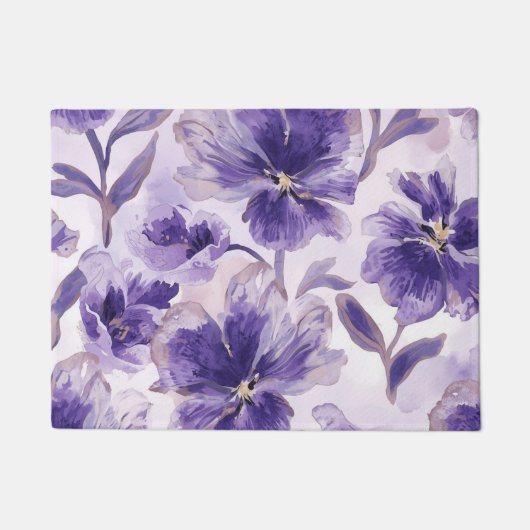 Violet Blooms Watercolor Purple Flowers Painted ドアマット (正面)