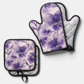 Violet Blooms Watercolor Purple Flowers Painted 鍋つかみ&鍋敷きセット (正面/裏面)
