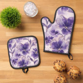 Violet Blooms Watercolor Purple Flowers Painted 鍋つかみ&鍋敷きセット (トップダウン)