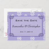 Violet Blue Damask Wedding Save the Date 案内ポストカード (正面/裏面)