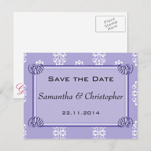 Violet Blue Damask Wedding Save the Date 案内ポストカード (正面/裏面)