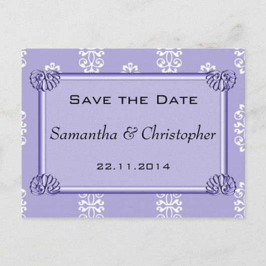 Violet Blue Damask Wedding Save the Date 案内ポストカード (正面)
