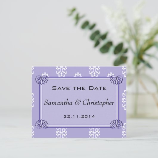 Violet Blue Damask Wedding Save the Date 案内ポストカード (スタンド正面)