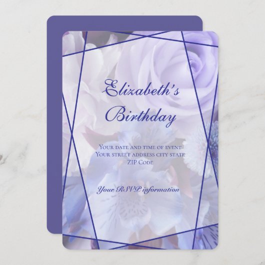 Violet Blue Rose Garden Birthday Invitation Card サンキューカード (正面/裏面)