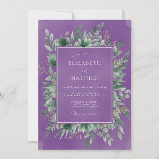 Violet Botanical Flourish Wedding 招待状 (正面)