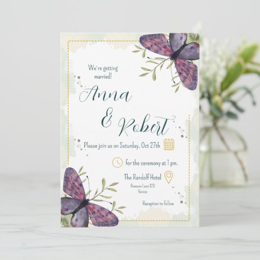 Violet Butterfly Watercolour Wedding 招待状 (スタンド正面)