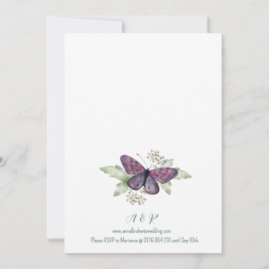 Violet Butterfly Watercolour Wedding 招待状 (裏面)