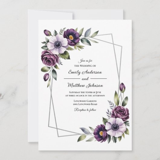 Violet Floral Frame Wedding Invitation 招待状 (正面)