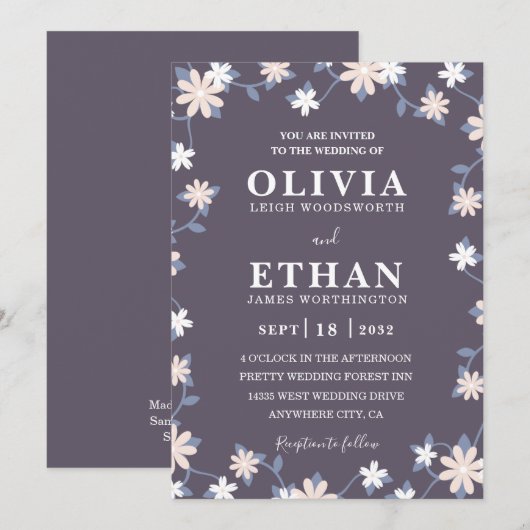 Violet Floral Minimalist Wildflower Graphic 招待状 (正面/裏面)