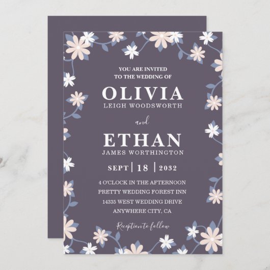 Violet Floral Minimalist Wildflower Graphic 招待状 (正面/裏面)