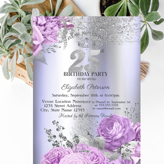 Violet Flowers Glitter Lilac 25th Birthday 招待状