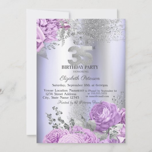 Violet Flowers Glitter Lilac 35th Birthday   招待状 (正面)