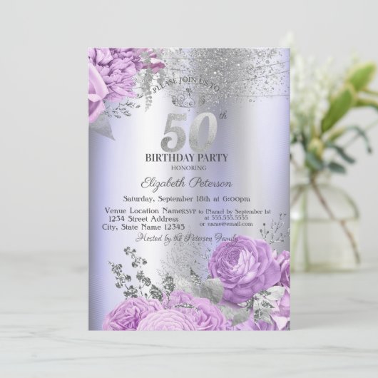 Violet Flowers Glitter Lilac 50th Birthday   招待状 (スタンド正面)