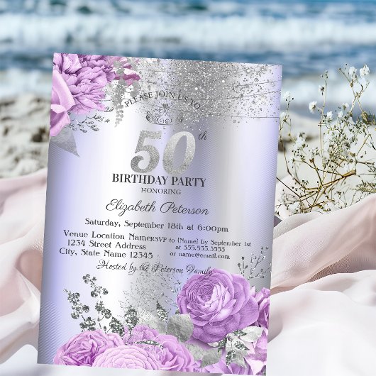 Violet Flowers Glitter Lilac 50th Birthday   招待状