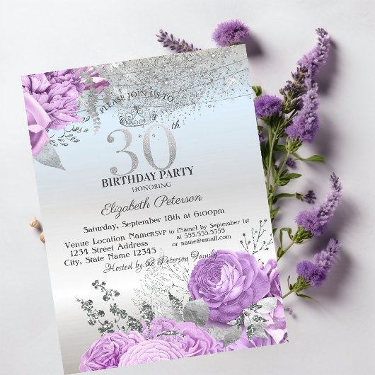 Violet Flowers Glitter Silver 30th Birthday   招待状