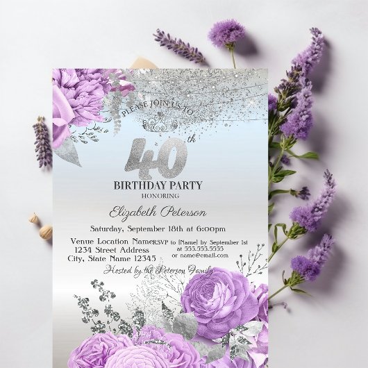 Violet Flowers Glitter Silver 40th Birthday   招待状