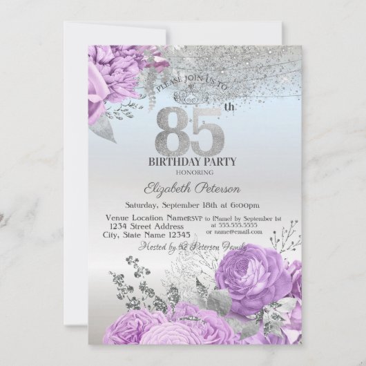 Violet Flowers Glitter Silver 85th Birthday   招待状 (正面)
