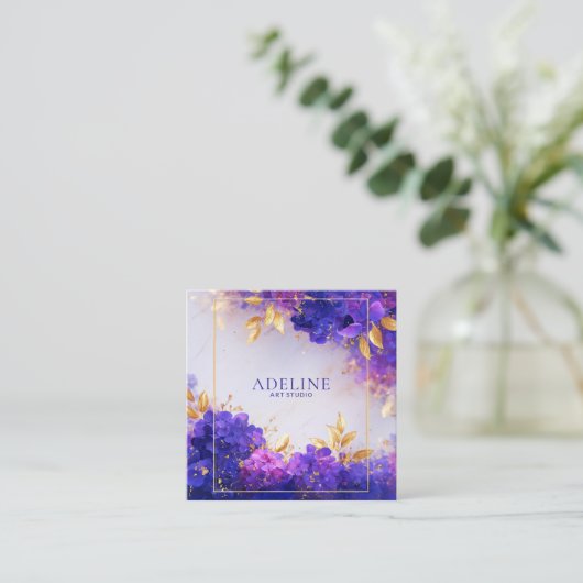 Violet Gold Floral Geometric Frame Elegant スクエア名刺 (スタンド正面)