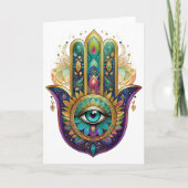 Violet Green Gold Petals Hamsa Turquoise Third Eye カード (正面)