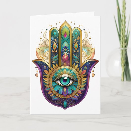 Violet Green Gold Petals Hamsa Turquoise Third Eye カード (正面)