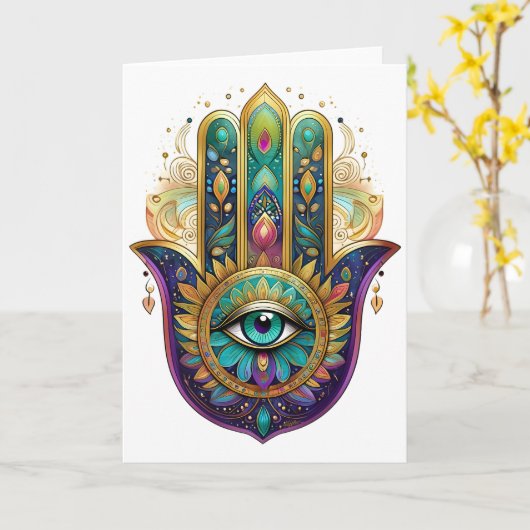 Violet Green Gold Petals Hamsa Turquoise Third Eye カード (黄色い花)