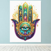 Violet Green Gold Petals Hamsa Turquoise Third Eye キャンバスプリント (インサイチュ (ウッドフロア))