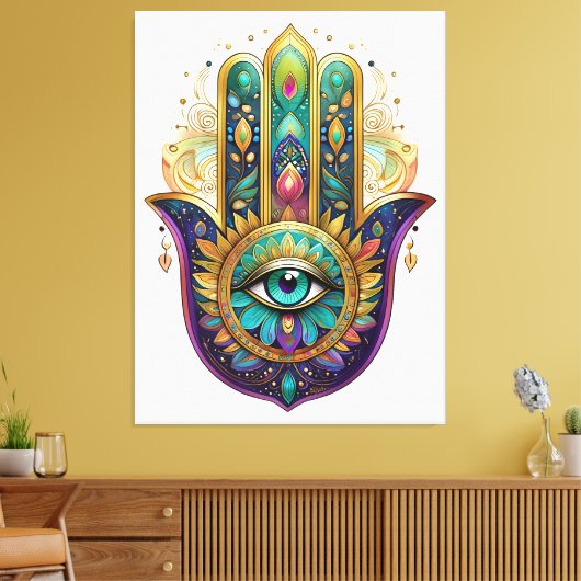 Violet Green Gold Petals Hamsa Turquoise Third Eye キャンバスプリント (インサイチュ (リビング))
