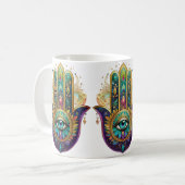 Violet Green Gold Petals Hamsa Turquoise Third Eye コーヒーマグカップ (正面左)