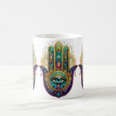 Violet Green Gold Petals Hamsa Turquoise Third Eye コーヒーマグカップ (中央)