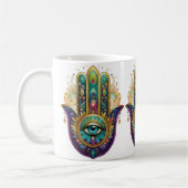 Violet Green Gold Petals Hamsa Turquoise Third Eye コーヒーマグカップ (左)