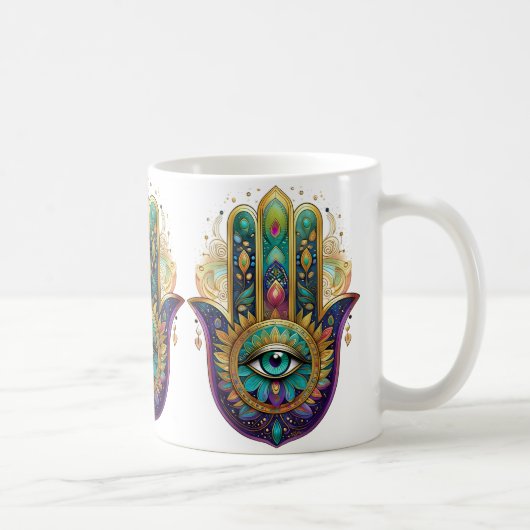 Violet Green Gold Petals Hamsa Turquoise Third Eye コーヒーマグカップ (右)