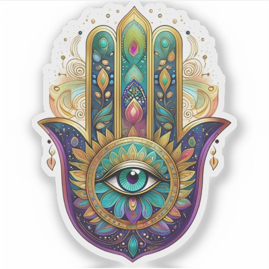 Violet Green Gold Petals Hamsa Turquoise Third Eye シール (正面)