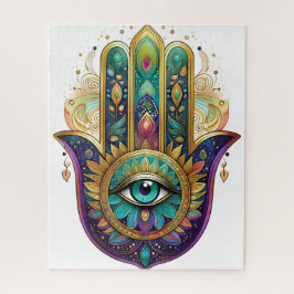 Violet Green Gold Petals Hamsa Turquoise Third Eye ジグソーパズル