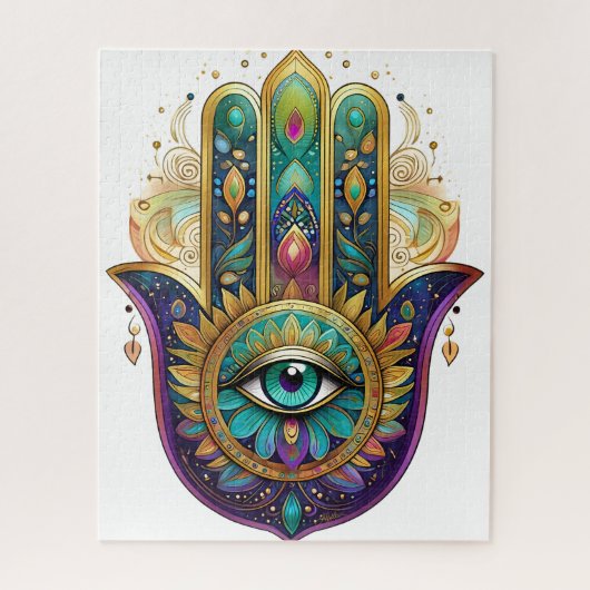 Violet Green Gold Petals Hamsa Turquoise Third Eye ジグソーパズル (縦)