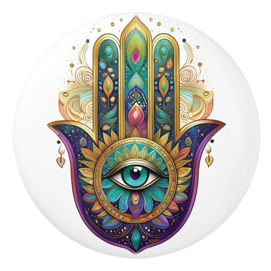 Violet Green Gold Petals Hamsa Turquoise Third Eye セラミックノブ (正面)