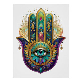 Violet Green Gold Petals Hamsa Turquoise Third Eye ポスター