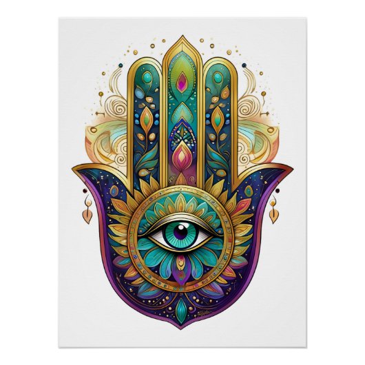 Violet Green Gold Petals Hamsa Turquoise Third Eye ポスター (正面)