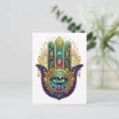 Violet Green Gold Petals Hamsa Turquoise Third Eye ポストカード (スタンド正面)