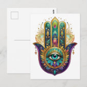 Violet Green Gold Petals Hamsa Turquoise Third Eye ポストカード (正面/裏面)