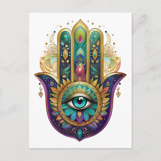Violet Green Gold Petals Hamsa Turquoise Third Eye ポストカード (正面)