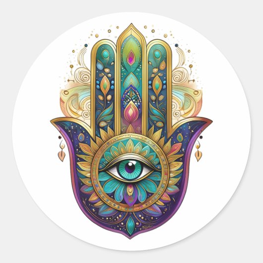 Violet Green Gold Petals Hamsa Turquoise Third Eye ラウンドシール (正面)