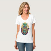 Violet Green Gold Petals Hamsa Turquoise Third Eye Tシャツ (正面フル)