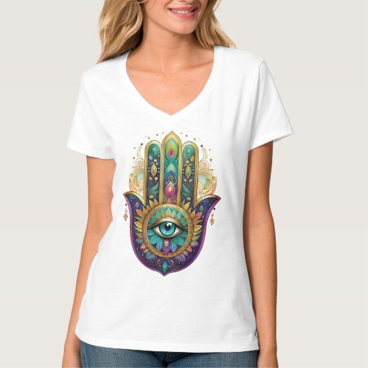 Violet Green Gold Petals Hamsa Turquoise Third Eye Tシャツ (正面)