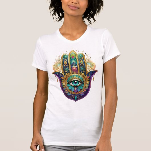 Violet Green Gold Petals Hamsa Turquoise Third Eye Tシャツ (正面)