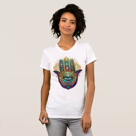 Violet Green Gold Petals Hamsa Turquoise Third Eye Tシャツ (正面フル)