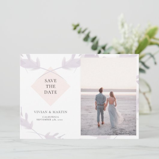 Violet Lavender & Peach Photo Save The Date 招待状 (スタンド正面)