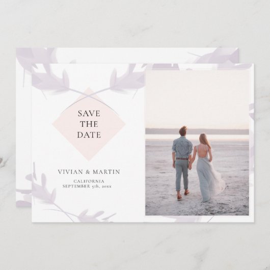 Violet Lavender & Peach Photo Save The Date 招待状 (正面/裏面)
